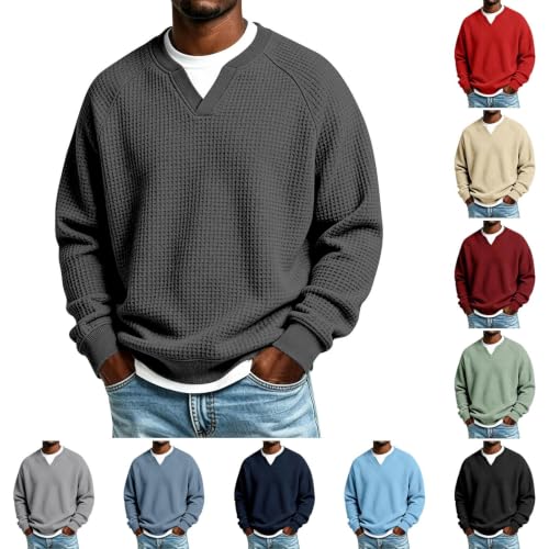 Mens waffle Knit Long Sleeve Shirt Textured V-Neck Shirts Sweatshirt Grey - image 1