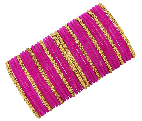 NMII Stylish Glass & Golden Beads Velvet Bangle Set For Women and Girls | Fancy Women's Bangles | Traditional Chudi Set, (F133_Guddan-(3)-Magenta-2.6 Inches)