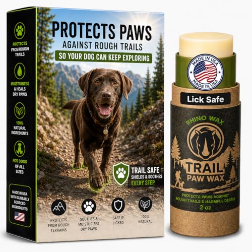 Rhino Wax - Dog Paw Trail Wax 2oz - Use Before Taking Dogs on a Hike - Balm Helps Protect Against Rocks, Uneven Terrain, Thorns, Glass - Moisturizes and Improves Elasticity - Lick-Safe - Made in USA