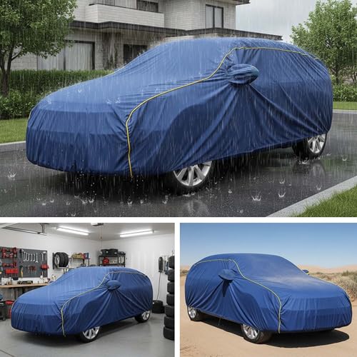 Image of Sulfar 100% Water Resistant Car Body Cover Compatible with Mirror for CITROEN E-C3 All Electric (Triple Stitched, Full Bottom Elastic, Blue Tafetta with Yellow Piping)