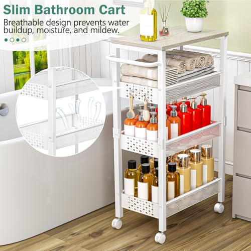Image of Vivihomety Utility Slim Storage Cart with Wheels, 4 Tier Small Rolling Cart with Wood Top, Metal Kitchen Bathroom Laundry Room Organization Trolley with Handle for Narrow Space - White