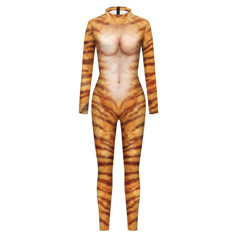 Surwin Women's Tiger Catsuit Halloween Costume, 3D Animal Print Leopard Print Long Sleeve Skinny Stretch Onesies Jumpsuit Cosplay Adults Fancy Dress Up