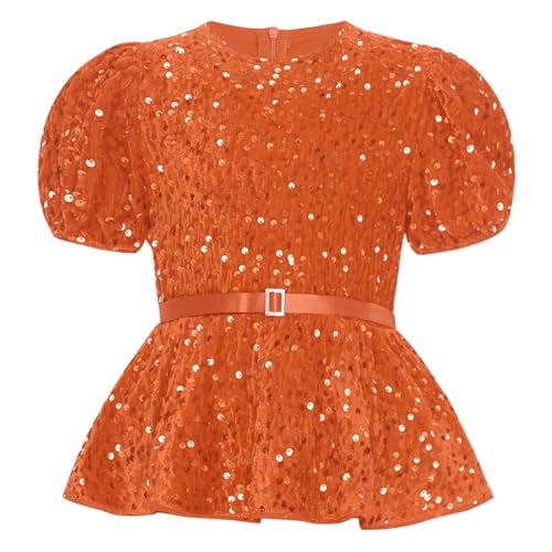 renvena Kids Girls Sequin Velvet Tops Sparkle Glitter Dressy Blouse Puff Sleeve Peplum Tops with Belt