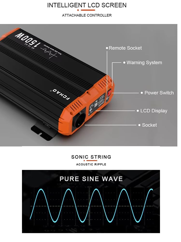 Przetwornica 12V na 230V | Czysta sinusoida |1600W-2500W| Inwerter samochodowy z gniazdem EU i wyświetlaczem LCD | Do ciężarówek, kamperów, domu | Pilot zdalnego sterowania (kabel 3M) (PSC1500W-12V)