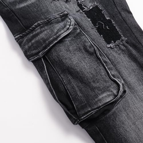 Men's Trendy Hole Filled Elastic Mid Waist Denim Workwear Pocket Jeans4