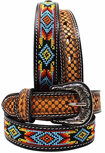 Kids Youth Western Rodeo Floral Tooled Beaded Leather Belt 26RT12Kids