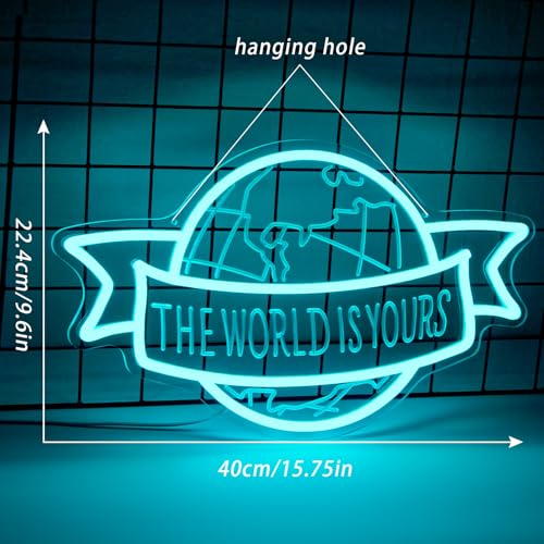 Image of The World Is Yours Neon Sign Motivational Blue LED Neon Light for Classroom | Dimmable Motivational Neon Light for Bedroom Man Cave Wall Decor Unique Birthday Christmas Gift for Kids, Teens, Adults