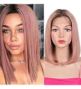 Rebecca Fashion Ombre Pink Lace Front Wigs Human Wigs 12" Straight Bob Wigs Hair 130% Density Bra...