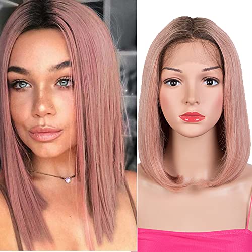 Rebecca Fashion ⚡Clearance Wigs for Black Women⚡Ombre Pink 12 Inch T Part Lace Front Wigs Human Hair 130% Density Brazilian Virgin Human Hair Wigs for Black Women with Baby Hair