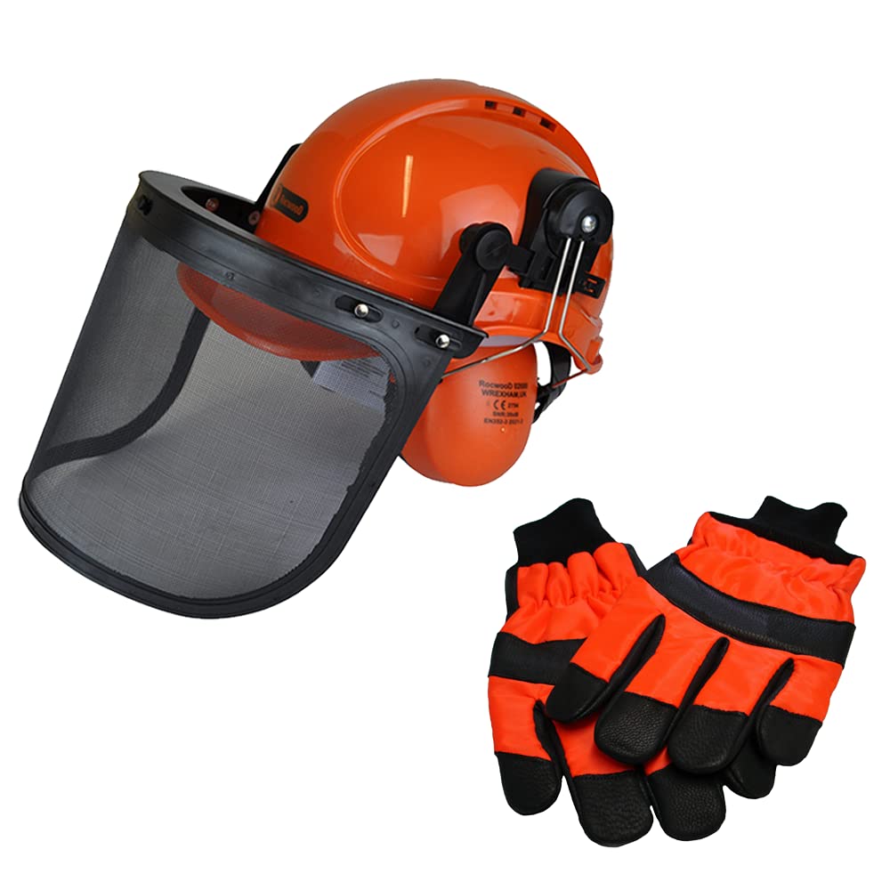 Schutzhelm für Kettensägearbeiten, inklusive sehr großer Handschuhe