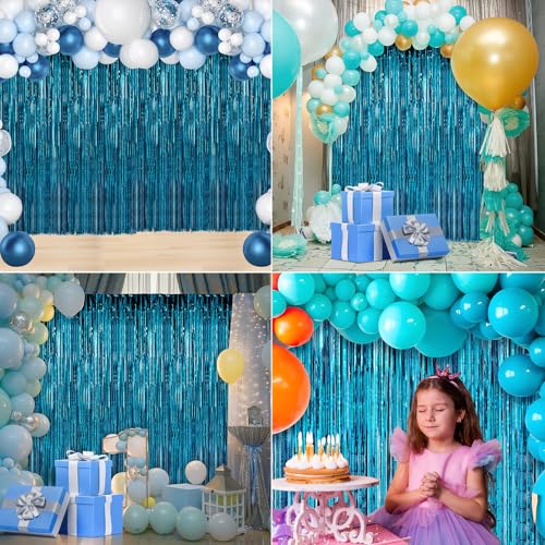 Image of Crosize 3 Pack 3.3 x 9.9 ft Blue Foil Fringe Backdrop Curtain, Streamer Backdrop Curtains, Streamers Birthday Party Decorations, Tinsel Curtain for Parties, Galentines Decor, Preppy, Photo Booth