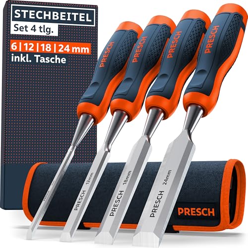 Presch Stechbeitel Set für Holz 4tlg. inkl. Tasche - Fertig geschliffene Stemmeisen (6, 12, 18, 24mm) - Profi Stecheisen mit 25° Keilwinkel mit robuster Metallschlagkappe