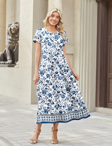 Image of Zeagoo Summer Dresses for Women 2026 Maxi Bohemian Floral Short Sleeve Long Dress Casual Flowy Tired Beach Sundress