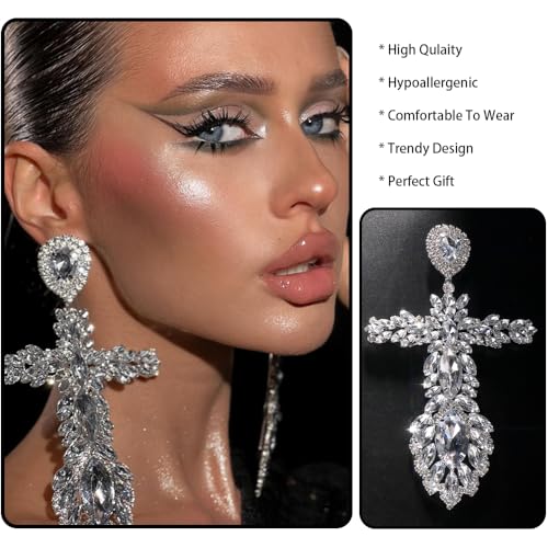 Large Silver Rhinestone Cross Earrings for Women Long Costume Sparkly Statement Earrings Geometric Formal (A-Silver)3