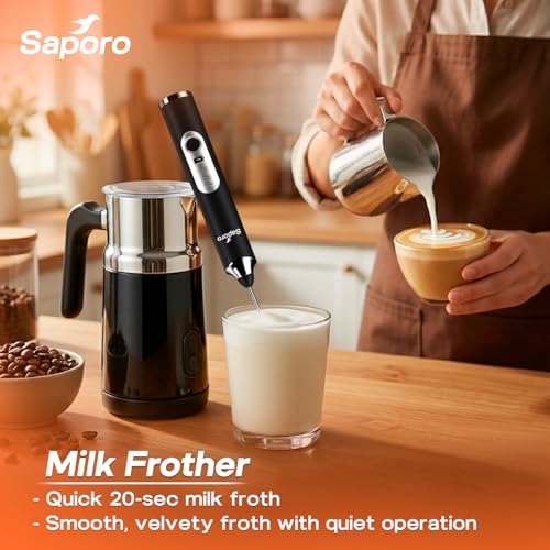Image of Saporo FrothLite Electric Milk Frother, Rechargeable Handheld Frother with 3 Speed Settings, Stainless Steel Whisk Heads, Stand Design, for Coffee, Cappuccino, Latte, Matcha & Hot /Cold Milk