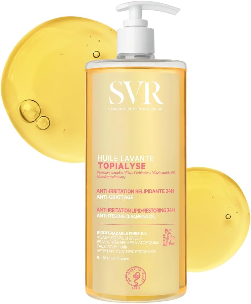 SVR TOPIALYSE All Over Micellar Shower Oil, Moisturising Eczema Body Wash, 24hr Hydration Emulsifying Soothing Bath Oil for Very Dry, Sensitive Skin, from Newborn and Up