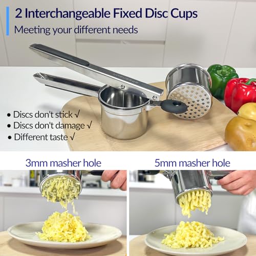 Stainless Steel Potato Ricer with 2 Interchangeable Fixed Disc Cups for Perfectly Fluffy Mashed Potatoes - 15oz Heavy Duty Design - Image 2