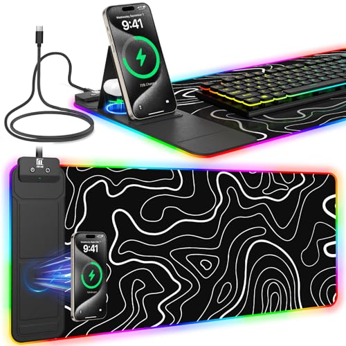 Image of RGB Mouse Pad with Foldable Phone Stand Wireless Charger, 31.5 inchx11.8 inch XL Gaming Mousepad Large Desk Mat, Desk Pad with 11 Colors 5 Modes, Waterproof