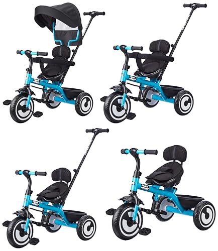 Image of Amazon Brand - Jam & Honey Kids Tricycle with Canopy & Adjustable Parental Handle | Safety Belt, Storage Basket & Comfort Seat | BIS & ISI Certified | Sea Green | Ideal for Toddlers 2+ Years