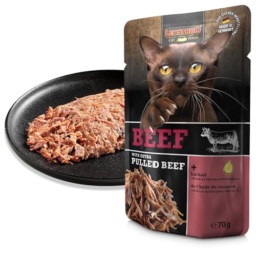 LEONARDO Frischebeutel [16x70g Beef mit Fleischstreifen] Pulled Beef | Getreidefreies Nassfutter für Katzen | Alleinfuttermittel Katzenfutter