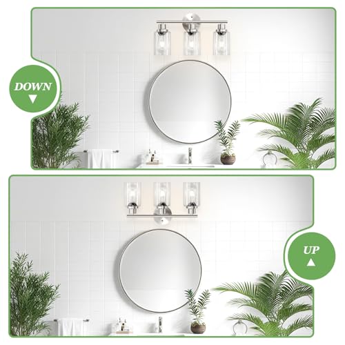 Image of 3-Light Brushed Nickel Vanity Lights, E26 Modern Bathroom Light Fixtures with Clear Glass Shade, Wall Lamps for Mirror Kitchen Hallway Cabinet Living Room Sconces Lights