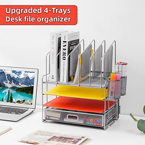 Image of Marbrasse Desk Organizers, 4-Tier Mesh Desk File Organizer with 5 Vertical File Holders and 2 Pen Holders, Multifunction Desktop Organizer,Desk Organizers and Accessories for Home Office (Silver)