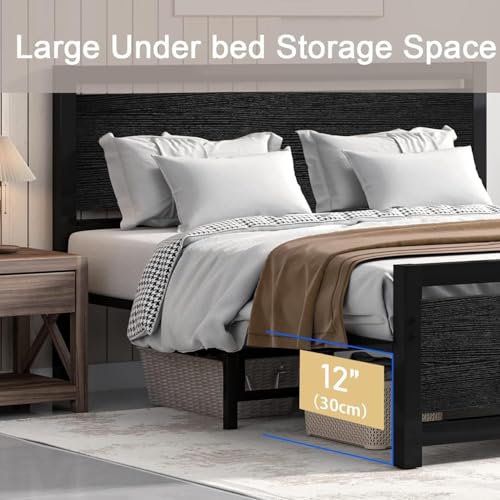Catrimown Twin Bed Frames with Wood Headboard, Metal Twin Size Bed Frame with Strong Steel Slat Support, Heavy Duty Platform Bed, Under Bed Storage, Mattress Foundation, No Box Spring Needed.Black - Thumbnail 4