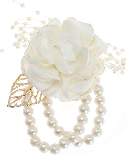 Miniatura 7 de Juego de 2 pulseras de ramillete de flores de rosas para novia, dama de honor, hoja de perla, flor de muñeca para boda, fiesta, baile de graduación,