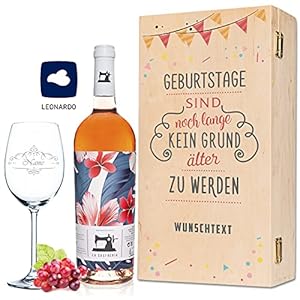 Leonardo Weinglas mit Gravur inkl. bedruckter Holzkiste + La Sastreria Weinflasche 0,75 l – Geburtstagsgeschenk für…