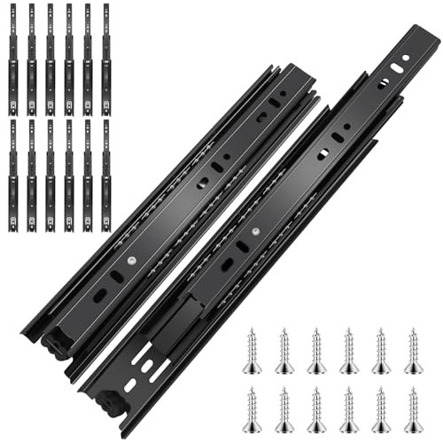22 inch Ball Bearing Drawer Slides 6 Pairs (12pcs) - 100LB Capacity Full Extension Side Mount Slides for Kitchen Cabinets Wardrobes Office Furniture (Black 22inch)