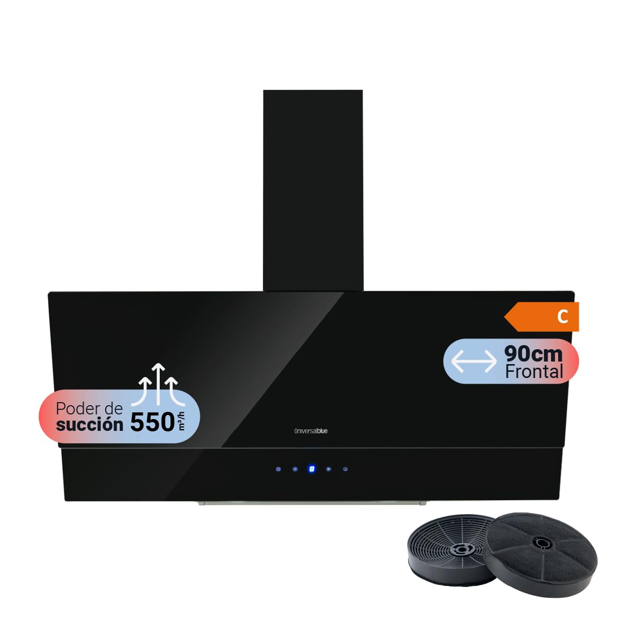 UNIVERSALBLUE Campana Extractora Cristal Negra 90cm | Extractor Humos y Aire Eléctrico para Cocina | Control Táctil | Ruido Reducido | Filtros de Carbono | Fácil Limpieza | Luz LED | Clase C