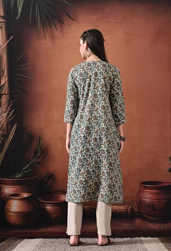 Image of Ichaa Women's Pure Cotton A-Line Katha-Work Ethnic Round-Neck Kurta with 3 /4th Sleeve for Daily and Office Wear, in Plus Sizes
