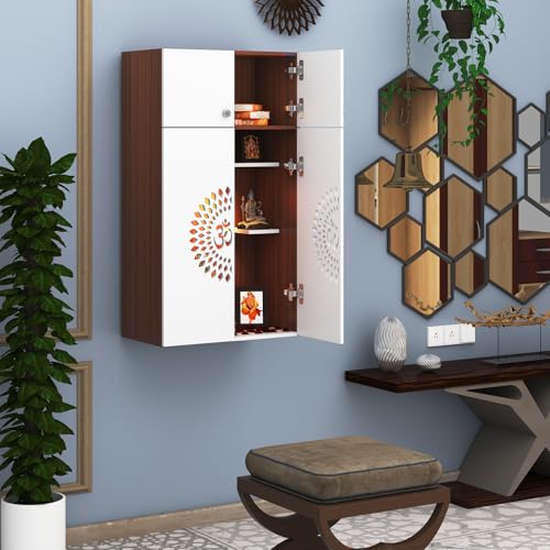 Image of Anikaa OMYA Engineered Wood Home Temple Wall Mount & Floor Standing Wooden Modern Pooja Mandir with LED Light, Om Laser Cut Design | Storage Cabinet with Hinge Doors (Walnut /White, DIY Installation)