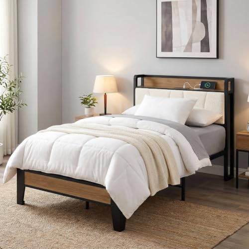 Image of LIKIMIO Twin Bed Frames, Storage Headboard with Charging Station, Solid and Stable, Noise Free, No Box Spring Needed, Easy Assembly, Wood and Cream