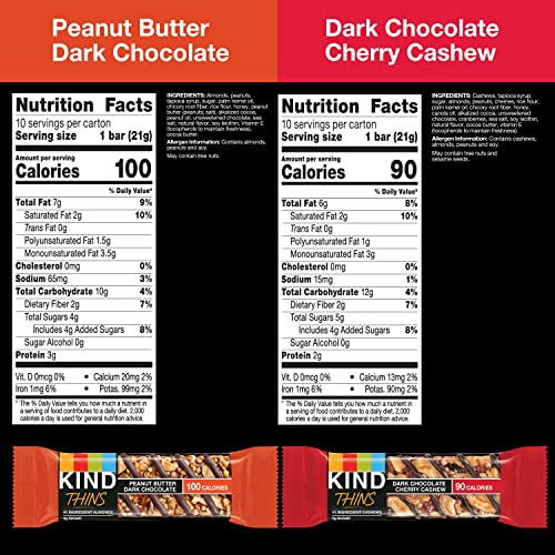 KIND Thins Snack Bars, 2 Flavor Variety Pack, Gluten Free, 100 Calorie, 60 Count, Peanut Butter Dark Chocolate & Dark Chocolate Cherry Cashew - image 6