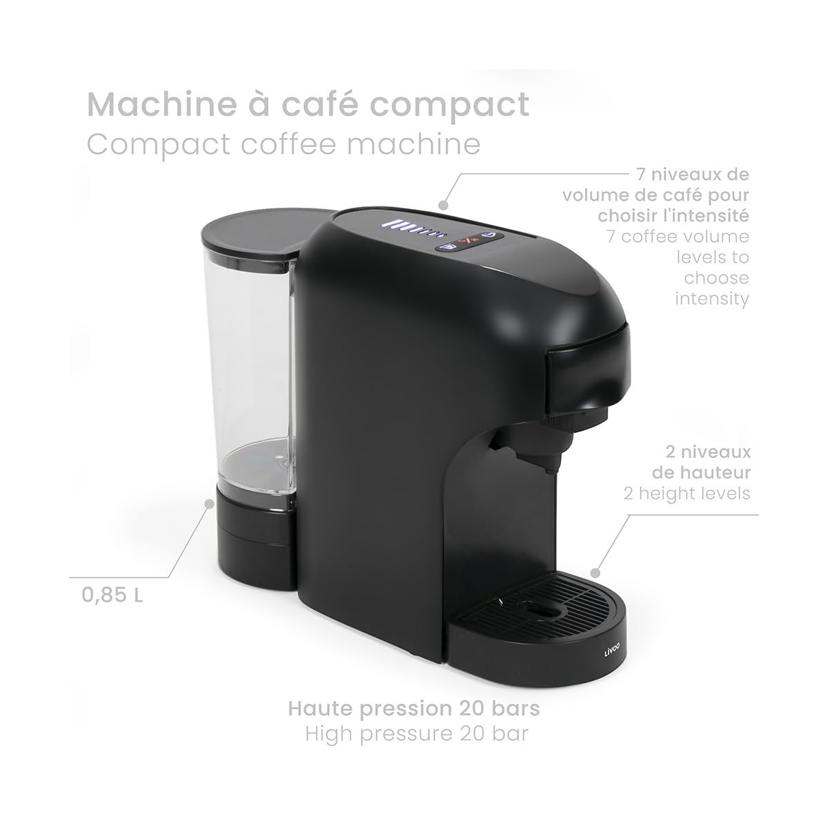 Livoo DOD217N - Cafetera multicápsulas 4 en 1 (1400 W, 20 bares, 7 niveles de volumen, compatible con Nespresso*, Dolce Gusto*, cápsulas tipo Senseo** y café molido