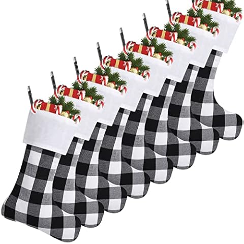 Cootato 8 Pack Christmas Stockings, 18 Inch Buffalo Plaid Christmas Stockings Large Personalized Stocking Decorations for Family Xmas Holiday Party, Black and White Cover