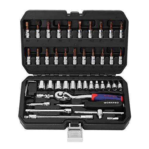 WORKPRO ソケットレンチセット ラチェットレンチ オフセットタイプ 差込角6.35mm（1/4インチ) 46点組 自動車修理 車メンテナンス ガレージツールセット 作業セット 工具 道具 専用収納ケース付属