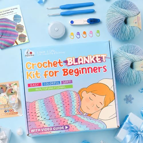 Image of Aeelike Blanket Crochet Kit for Beginners, Super Easy Crochet Blanket Kit with Soft & Colorful Gradient Yarns Detailed Video Tutorials Accessories, Ideal Gift for Crocheter & Aurora Blue Gradient