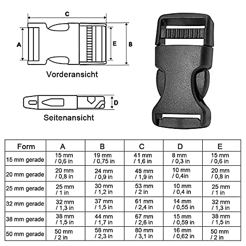 klickverschluss 20 Stück, Side Squeeze Buckle Ersatz steckschnalle, Plastikschnalle für Gurtband, 6 Größen zur Auswahl: 20mm