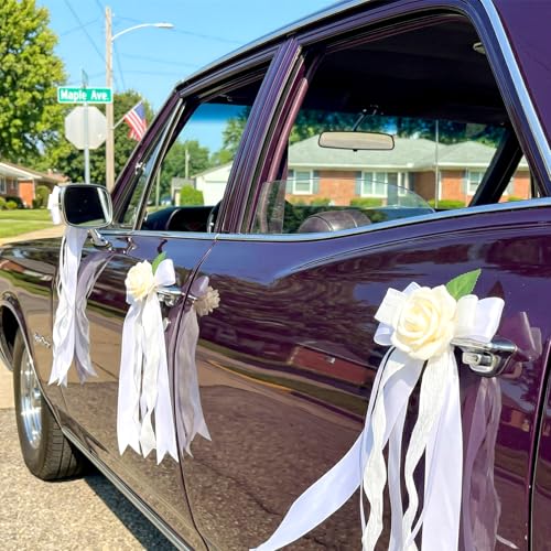 Image of 6PCS Wedding Car Door Handle Flowers, White Artificial Cars Rearview Mirror Bouquet Flower Bowknot Ribbon Decors, Just Married Automotive Decoration Accessories for Door Handles and Rearview Mirrors