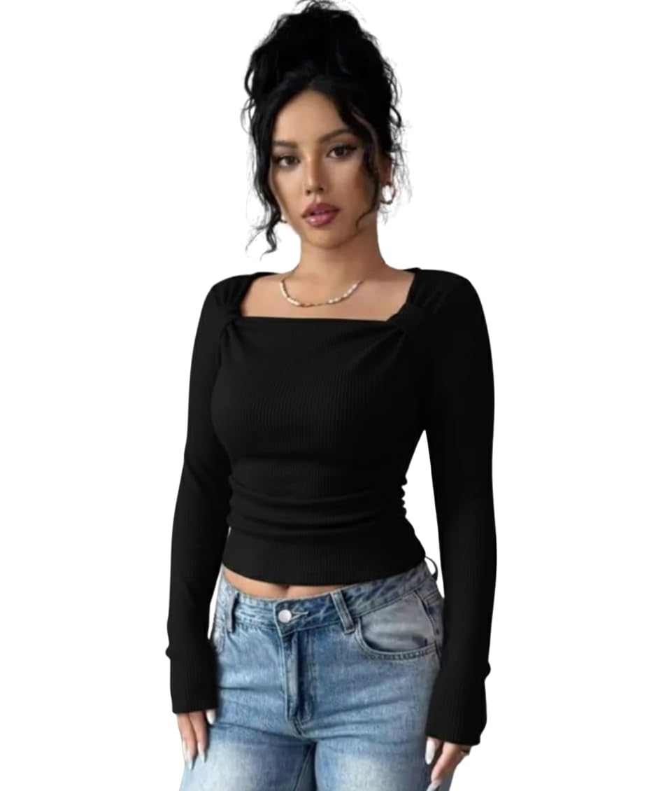 Korean Stylish Round Neck Two Side Tie Full Sleeve Top for Women, Slim Fit Trendy Casual & Girls Top-image-0
