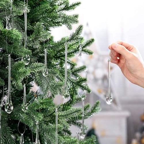 Image of 66 Pcs Clear Glass Teardrop Christmas Ornaments Crystal Raindrop Hanging Ornaments Crystal Chandelier Drop Pendant Icicles Decorations for Christmas in July Tree Party Supplies (4 Medium Size)
