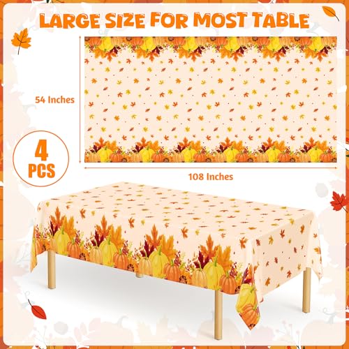 Image of 4 Pack Fall Thanksgiving Tablecloths Disposable Leaves Pumpkin Table Cloth