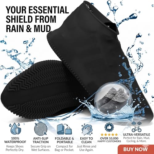 Image of Silicone Waterproof Rain Shoe Cover | Shoe Care & Accessories, Reusable, Non Slip Shoe Covers for Men Women Kids, Durable Overshoes for Rain, Snow, Biking, Trekking & Outdoor Use (Black, Medium US 4-6.5)