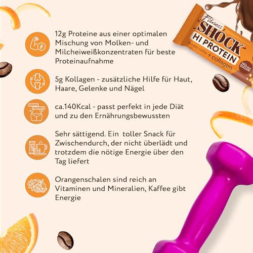 FitnesSHOCK Proteinriegel Set mit hohem 30% 12g Proteingehalt Eiweißriegel ohne Zuckerzusatz mit 5g Kollagen low carb ballaststoffreich kalorienarm Bumble Coffee Geschmack 12Stk 40g 6