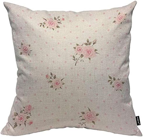 HOSNYE Floral Polka Dot Background Throw Pillow Case Cushion Covers Shabby Chic Style Pattern with Pink Roses Cotton Linen for Couch Bed Sofa Car Waist 18 x 18 inch