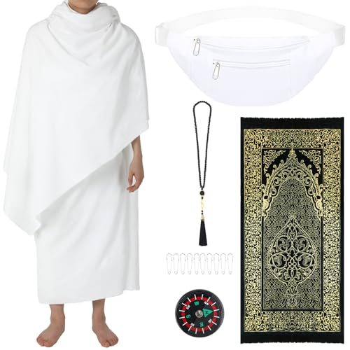 SmoothNovelty 15 Pcs Ahram Ihram for umrah men Clothing Hajj essentials Include 43 x 83 inch Islamic Clothing Towel Muslim Prayer Rug Mat Ihram Belt Waist Pack Prayer Bead Necklace Compass Pins