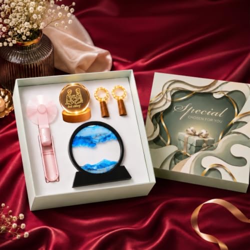 Image of Desidiya Raksha Bandhan Gift Combo for Brother & Sister, 5 Pcs Gift Set | LED Crystal Ball Lamp, Sand Art Lamp, USB Rechargeable Fan & Decor Lights | Unique Add-On Gift for Rakhi