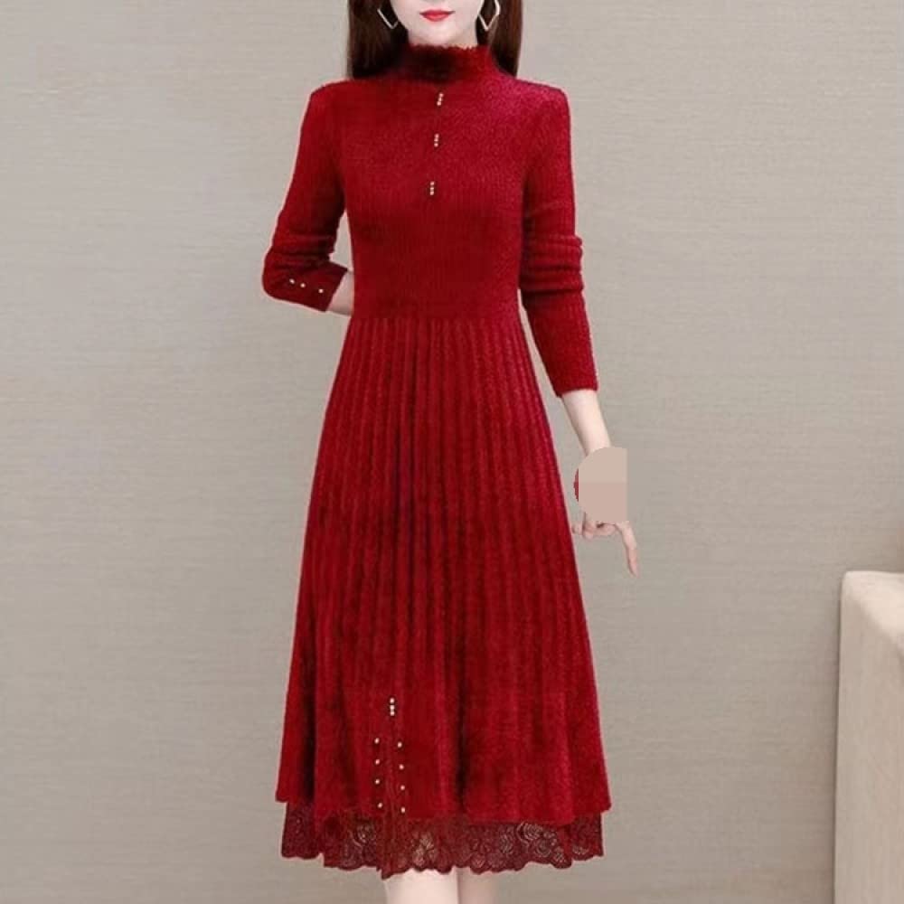 Pulls Tricot Femme,Jupe Plissée pour Femme Pull Tricoté Ourlet en Dentelle Rouge Robe Pull Élégant All-Match Bottoming Pullover Jumper Mode Cadeau pour Petite Amie Fête des Mères